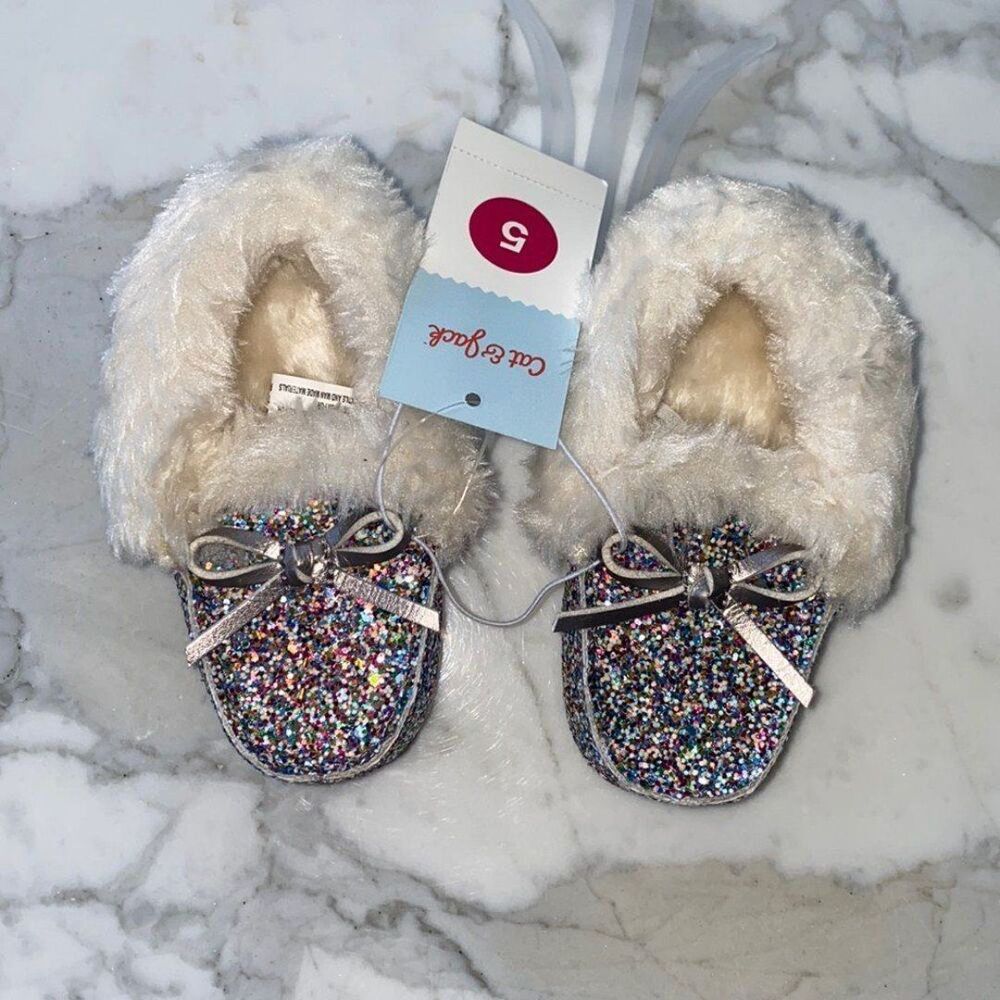 Cat and Jack Glitter Moccasins size 5 Toddler Multicolor bow Slipper Shoe